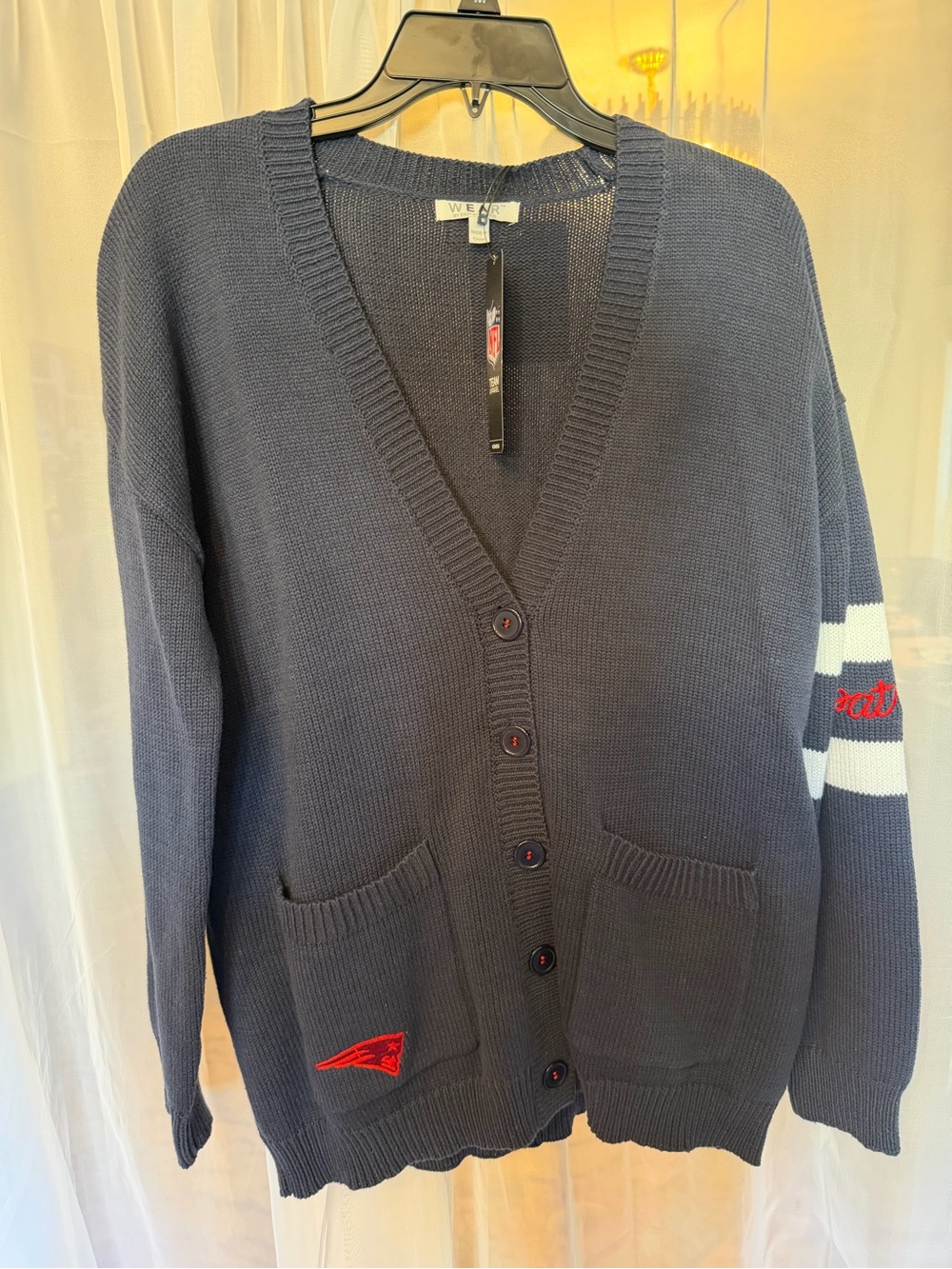 Women’s Navy Blue NE Patriots V-Neck Button Cardigan